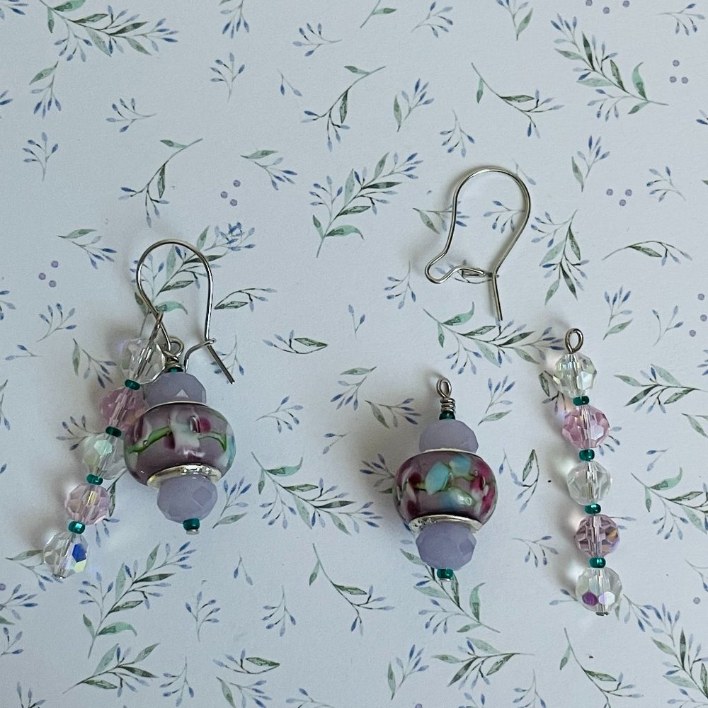 Artisan Purple Beaded Lampwork Crystal Drop 2-in-1 Transformer Pierced Earrings